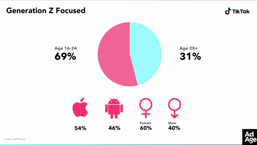 Eine TikTok Statistik aus dem Jahr 2019 präsentiert Informationen zu demographischen Merkmalen (etwa Geschlecht und Alter) der TikTok-Nutzer.