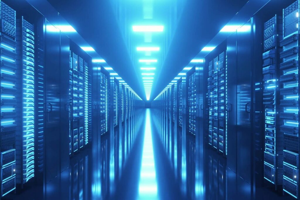 Zahlreiche Server in Datencenter eines Hosting-Anbieters für Podcasts.