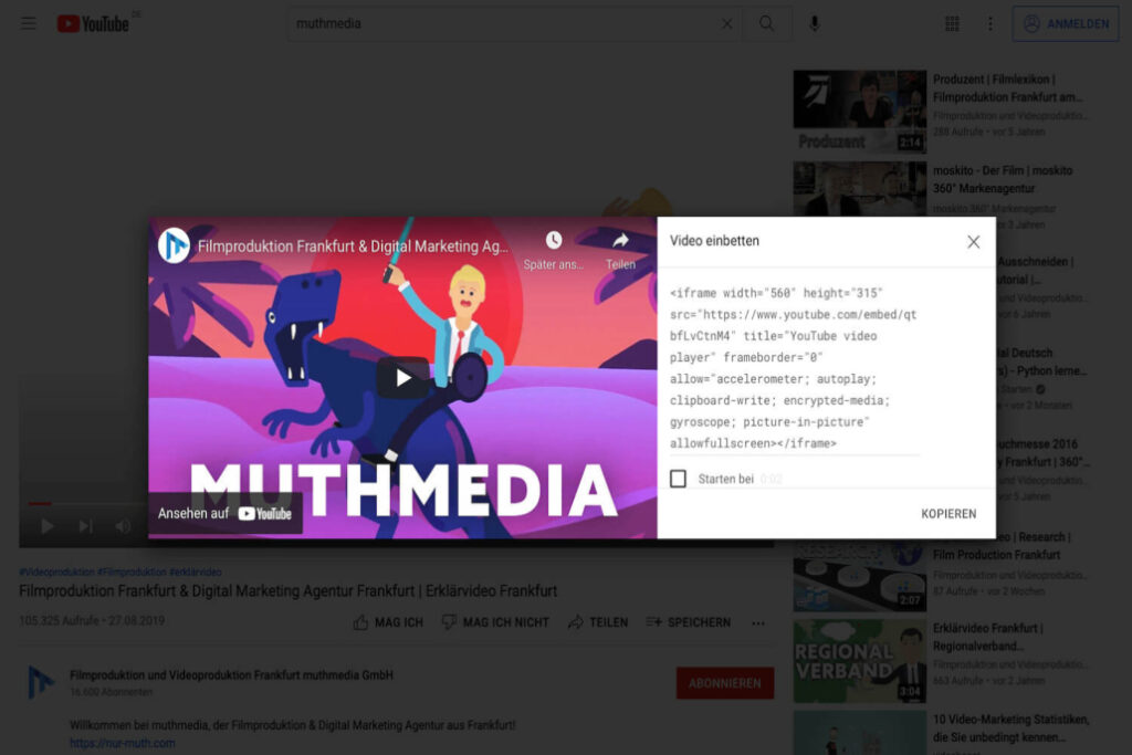 Ein Bildschirmfoto, auf dem angezeigt wird, wie man einen Einbettungscode eines YouTube Videos findet.