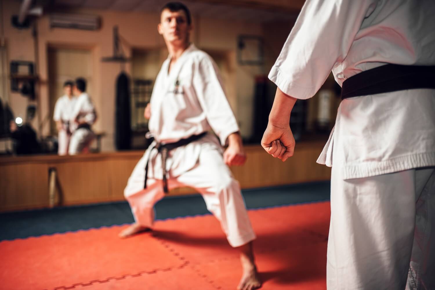 Der Höhepunkt im Karatefilm: Zwei Karatemeister mit Schwarzgurten stehen in Kampfposition.