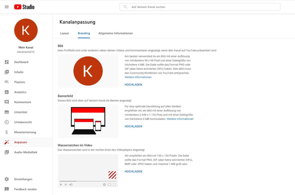 YouTube-Kanal erstellen, Schritt 6: Kanal-Branding mit Profilbild & Wasserzeichen