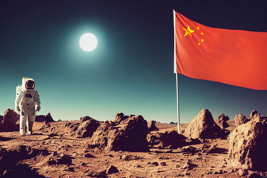 Ein Astronaut und eine China-Flagge auf einem fernen Planeten in einem KI-Bild.
