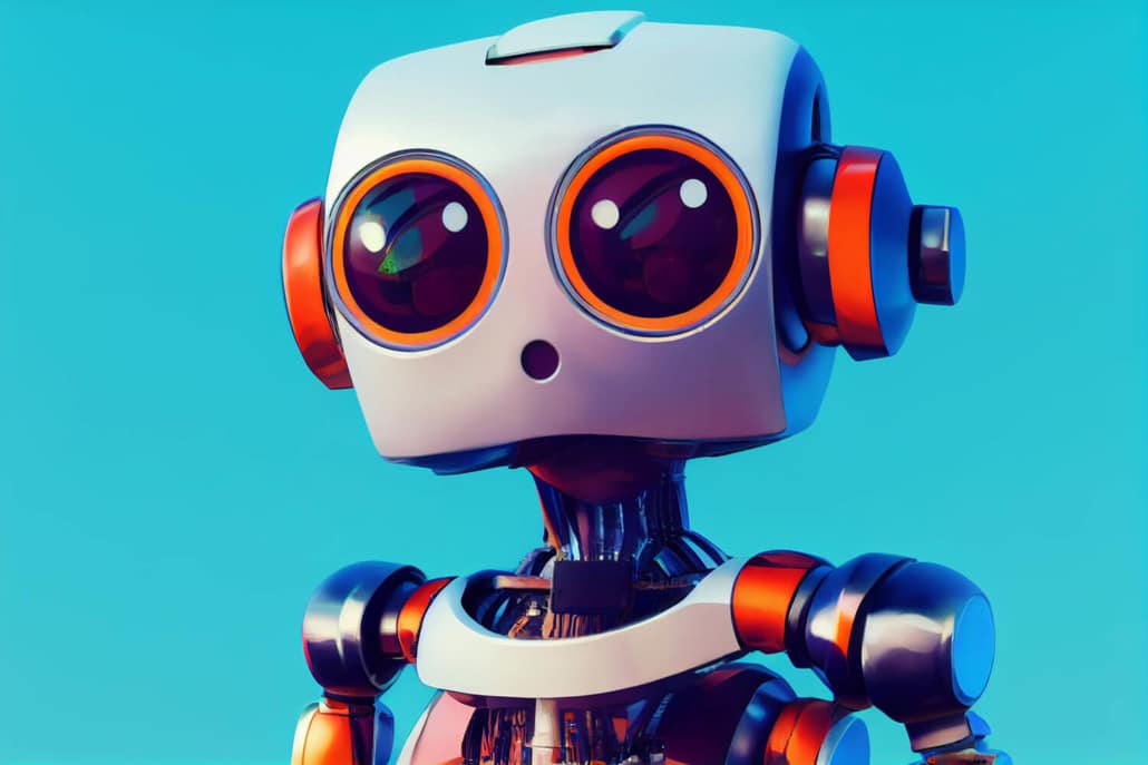 Ein KI-generierter Roboter vor einem hellblauen Hintergrund.