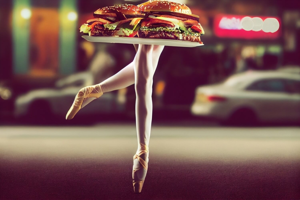 Teller mit Hamburgern auf den tanzenden Beinen einer Ballerina.