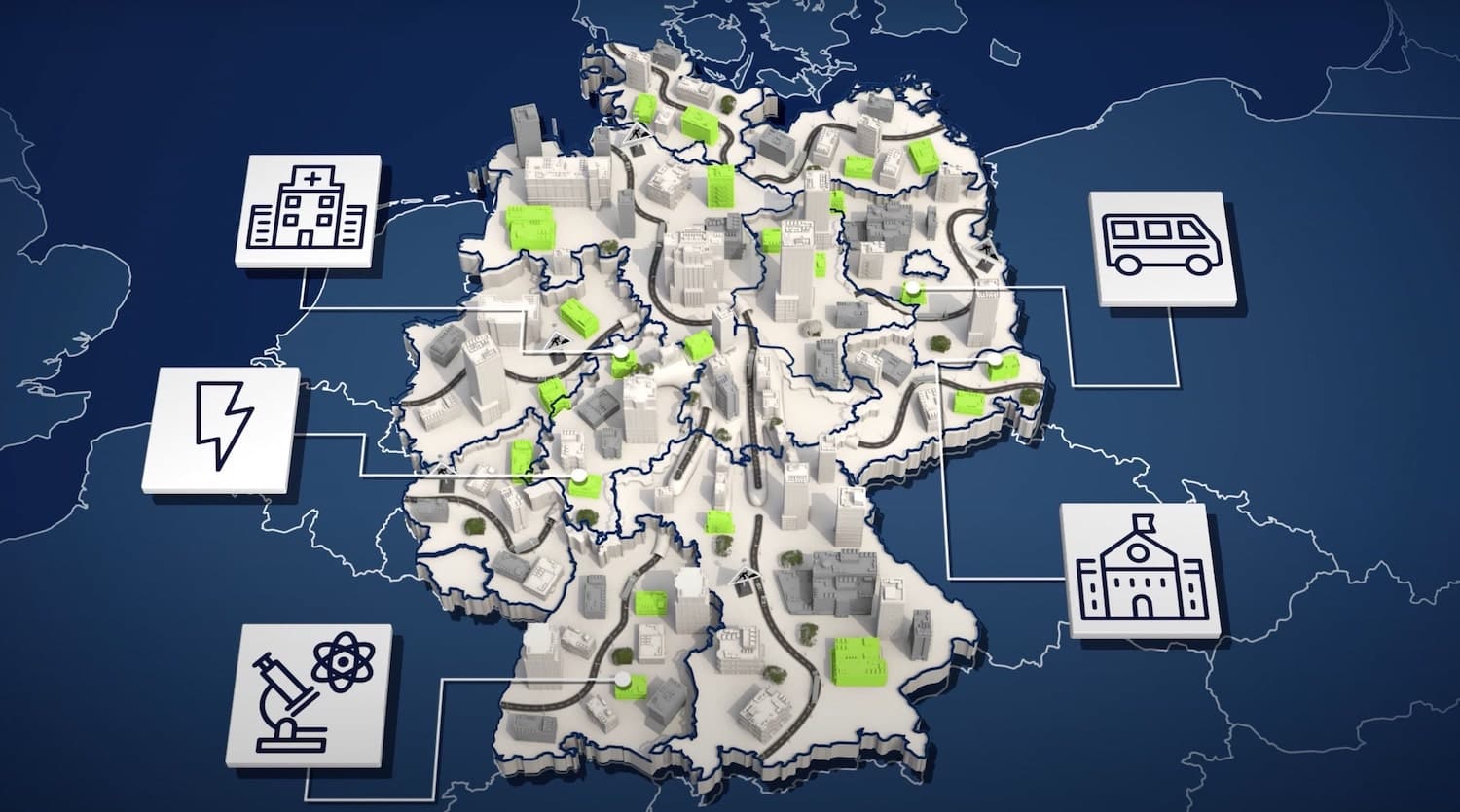 Eine Deutschlandkarte mit verschiedenen Gebäuden und Symbolen in einem animierten Imagefilm von muthmedia.