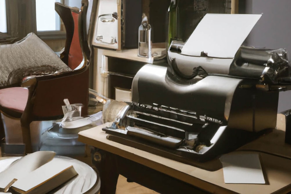 KI-generiertes realistisches Bild einer Schreibmaschine in einem Wohnzimmer
