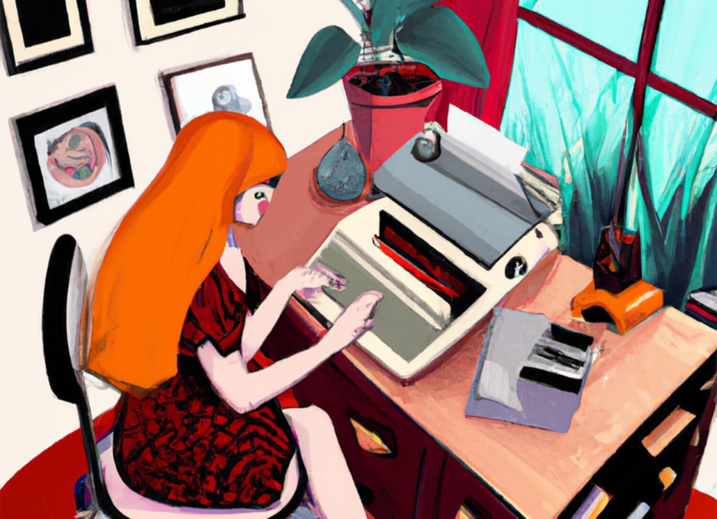 Eine abstrakte bunte Illustration einer Frau, die an der Schreibmaschine schreibt.