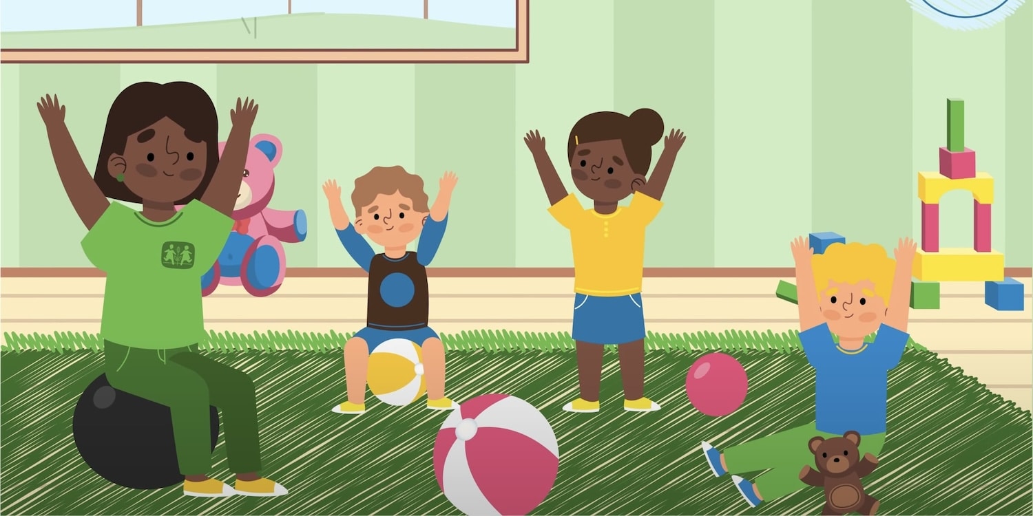 Eine Animation von Kindern, die in einem SOS Kinderdorf spielen.
