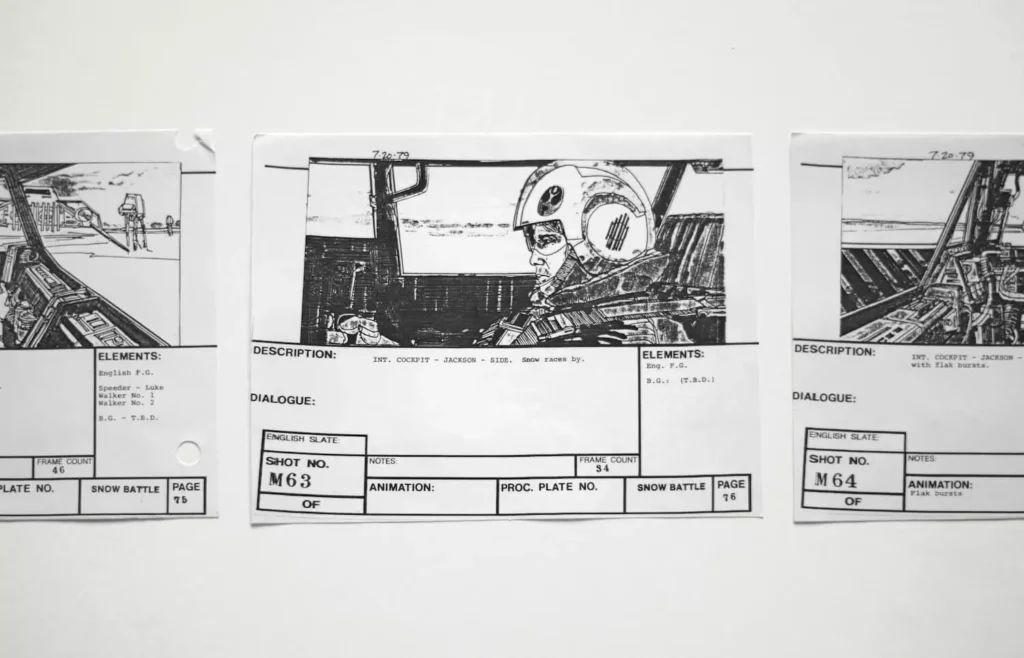 Storyboard, das eine detaillierte Skizze einer Szene und eine übersichtliche Struktur beinhaltet.