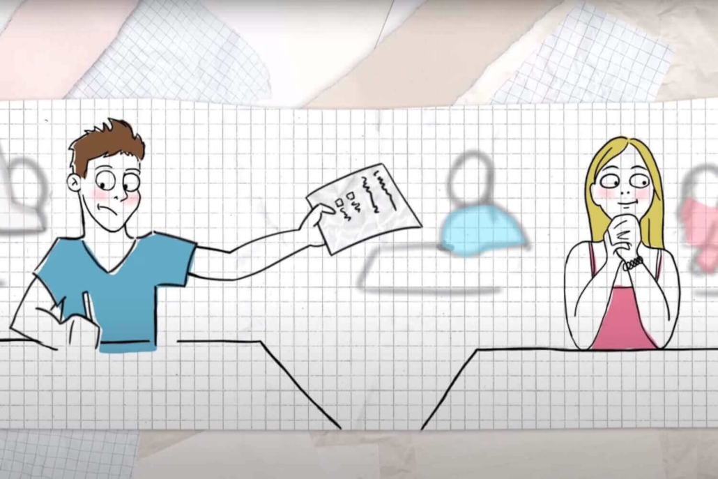 Zwei Figuren eines Scribble Videos sitzen nebeneinander und interagieren.