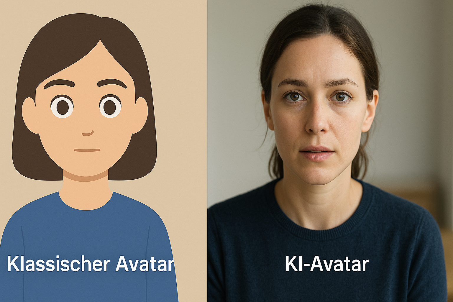 Vergleich klassischer Avatar vs. realistischer KI-Avatar – Cartoonfigur neben echtem menschlichem Gesicht