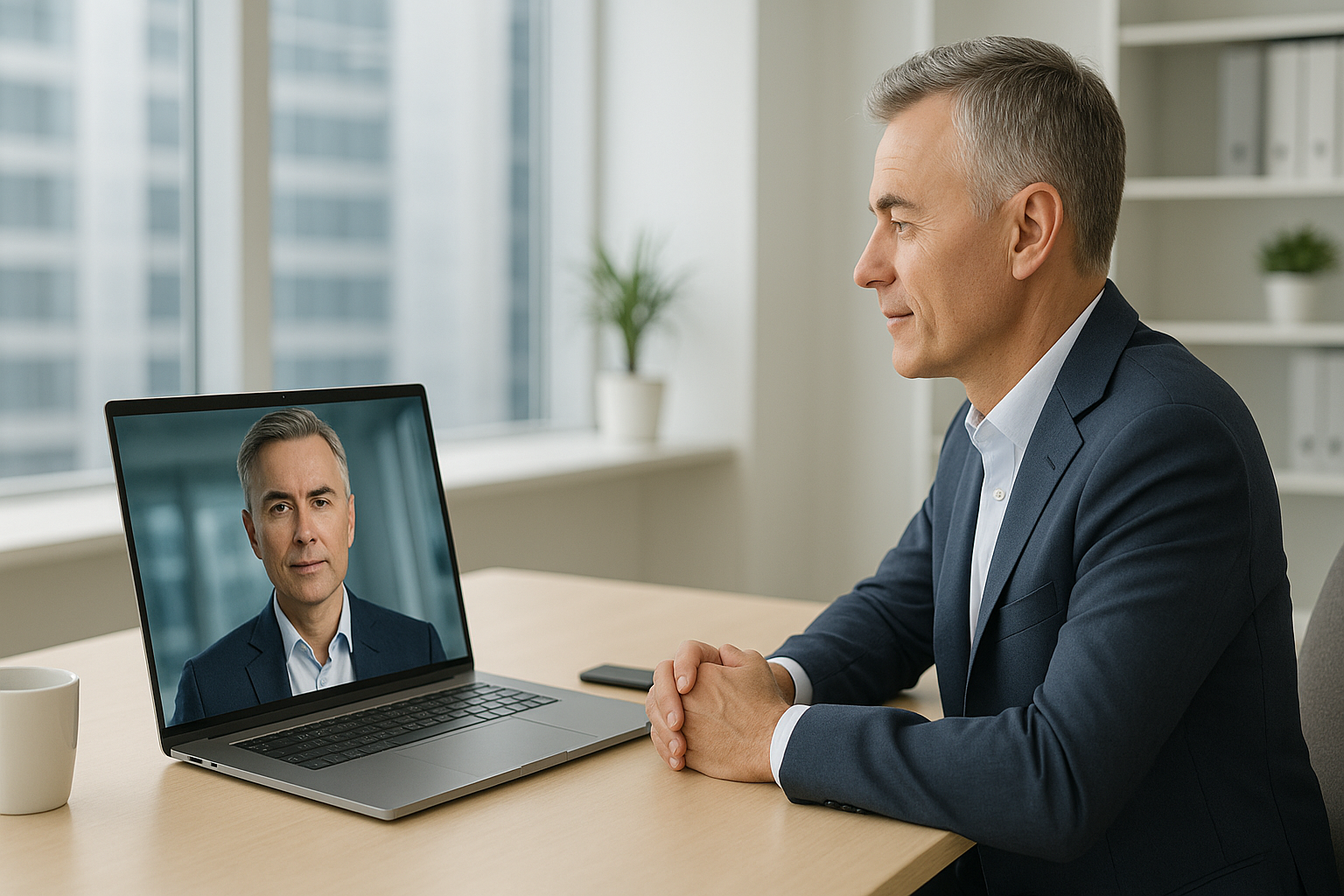 Geschäftsmann im Videochat mit seinem digitalen Abbild aus einem KI-Avatar Generator