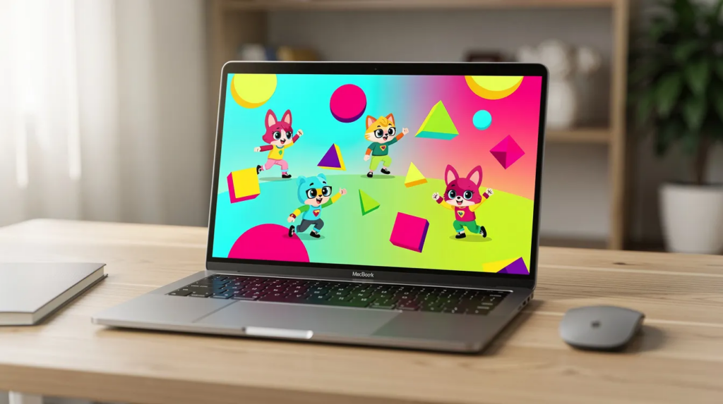 Ein Laptop auf einem Schreibtisch zeigt ein buntes animiertes Erklärvideo mit geometrischen Formen und Charakteren, das komplexe Inhalte anschaulich erklärt. Diese Art von Video ist ideal für Unternehmen in Frankfurt, die ihre Botschaft über soziale Medien und andere Plattformen effektiv kommunizieren möchten.