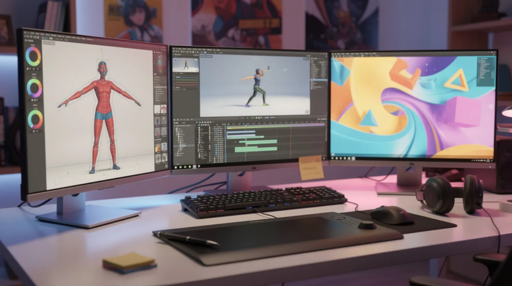 Ein farbenfrohes 3D-Animationsarbeitsumfeld mit mehreren Monitoren, auf denen Charaktermodelle und Motion Graphics in der Produktion angezeigt werden. Diese Szene zeigt die kreative Arbeit eines Teams in einer Filmproduktionsumgebung, die sich auf die Entwicklung von Geschichten und visuellem Storytelling spezialisiert hat.