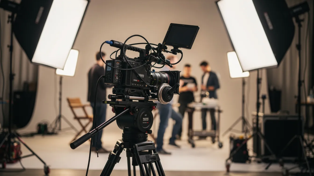 Auf dem Bild ist eine professionelle Videokamera auf einem Filmset zu sehen, umgeben von Studiolichtern. Im Hintergrund sind verschwommen Mitglieder des Produktionsteams zu erkennen, die an der Videoproduktion arbeiten, was die dynamische Atmosphäre der Filmbranche widerspiegelt.