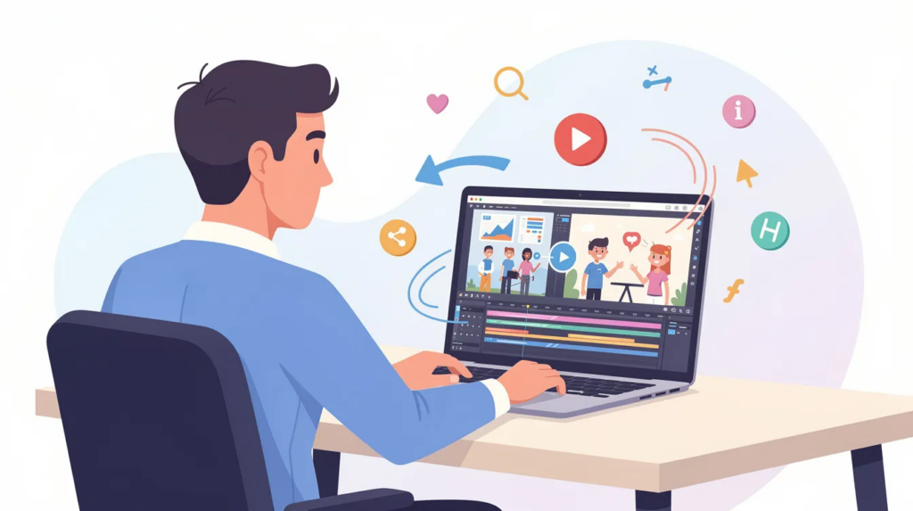 Die Illustration zeigt eine Person, die an einem Laptop sitzt und ein animiertes Erklärvideo erstellt. Auf dem Bildschirm sind bunte Grafiken und Symbole zu sehen, die die Nutzung eines online Tools zur Erstellung von Lernvideos verdeutlichen.