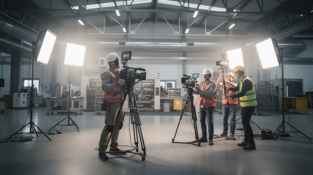 Ein professionelles Videoproduktionsteam filmt in einer modernen Industrieanlage und nutzt dabei verschiedene Kameras und Beleuchtungstechnik. Diese Szene zeigt die kreative Arbeit einer Videoagentur, die sich auf Unternehmensvideos und Social Media Inhalte spezialisiert hat.