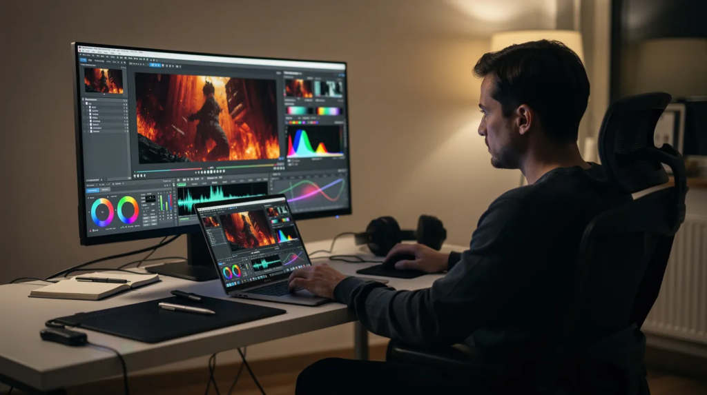 Eine Person sitzt an einem Schreibtisch und bearbeitet ein Video auf einem Laptop, während auf einem externen Monitor die Farbkorrektursoftware sichtbar ist. Der Raum vermittelt ein Gefühl von Kreativität und Professionalität, ideal für die Videoproduktion und das Marketing von B2B-Videos.