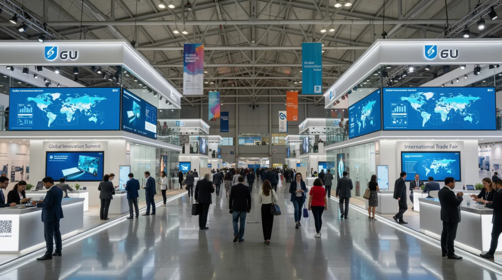 Ein belebter Messesaal in Frankfurt am Main, in dem Besucher an modernen Messeständen mit großen LED-Bildschirmen vorbeigehen. Die Atmosphäre ist lebhaft, während Aussteller ihre Produkte und Dienstleistungen präsentieren und die Kunden sich über Neuheiten und Angebote informieren.