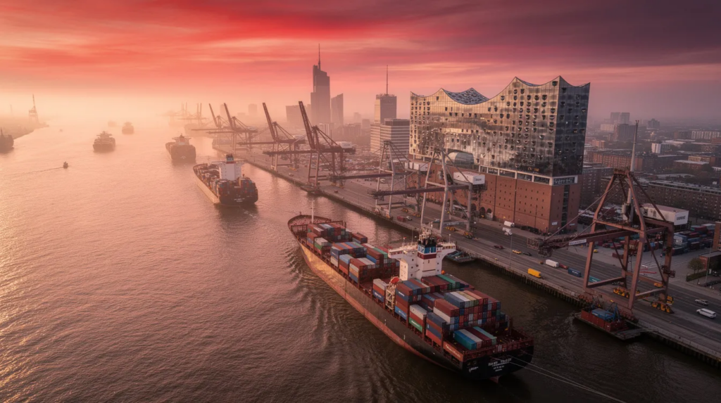 Eine Luftaufnahme des Hamburger Hafens zeigt das Morgenrot über dem Wasser, während Containerschiffe im Vordergrund liegen und die beeindruckende Elbphilharmonie im Hintergrund sichtbar ist. Diese Szene vermittelt die pulsierende Atmosphäre der Hansestadt und könnte als eindrucksvoller Teil eines Unternehmensfilms oder Imagefilms für Hamburg dienen.