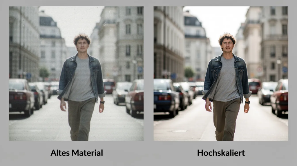 Das Bild zeigt einen Vergleich zwischen altem, unscharfem Videomaterial und einer hochskalierten, klaren Version desselben Motivs. Die klare Version verdeutlicht die Fortschritte in der Datenverarbeitung und Computer Vision, die durch Technologien der Künstlichen Intelligenz ermöglicht werden.