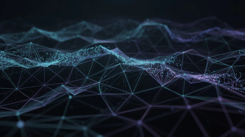 Die abstrakte Darstellung eines neuronalen Netzwerks zeigt leuchtende Verbindungslinien und Datenpunkte auf einem dunklen Hintergrund, was die Komplexität und die Möglichkeiten der künstlichen Intelligenz verdeutlicht. Diese Visualisierung könnte als Beispiel für die Anwendung von generativer AI in der Datenverarbeitung und im maschinellen Lernen dienen.