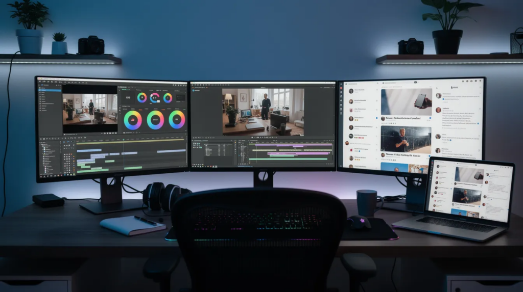 Das Bild zeigt einen modernen Arbeitsplatz mit mehreren Bildschirmen, auf denen Videobearbeitungssoftware und Social-Media-Feeds angezeigt werden. Hier werden kreative Inhalte für Social Media erstellt und verwaltet, um die neuesten Trends und Kampagnen zu unterstützen.