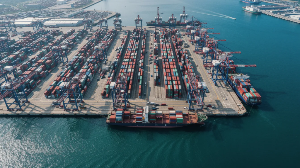 Ein Luftbild eines großen Containerterminals in einem Hafen zeigt zahlreiche Frachtschiffe und hohe Kräne, die mit Containern beladen sind. Diese Szene vermittelt einen Überblick über die geschäftige Welt der Logistik und den Warenverkehr, der für Unternehmen in Hamburg und darüber hinaus von Bedeutung ist.