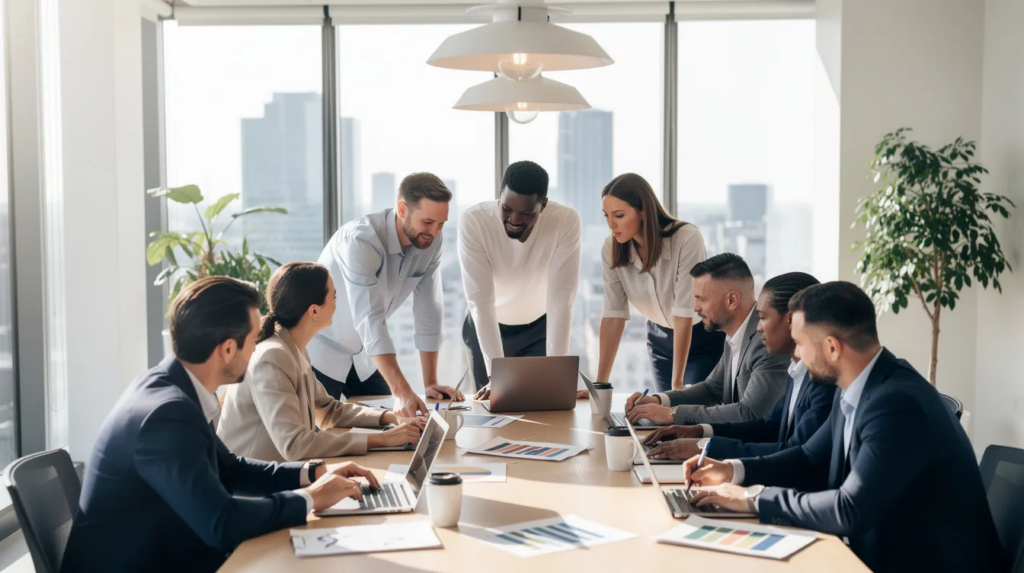 Eine diverse Gruppe von Mitarbeitenden arbeitet gemeinsam an einem Tisch in einem hellen, modernen Arbeitsumfeld. Diese Szene spiegelt eine positive Unternehmenskultur wider und könnte Teil eines Employer Branding Videos sein, das Talente anspricht und Einblicke in die Arbeitsatmosphäre bietet.