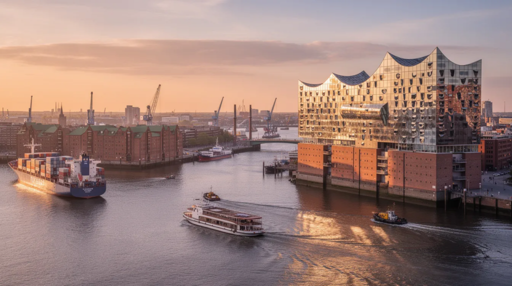 Panoramablick auf den Hamburger Hafen bei Sonnenuntergang, mit der Elbphilharmonie im Vordergrund und mehreren Schiffen auf der Elbe. Diese beeindruckende Szenerie zeigt die lebendige Atmosphäre der Stadt Hamburg und könnte ein ideales Motiv für Filmaufnahmen oder Foto-Dreharbeiten sein.