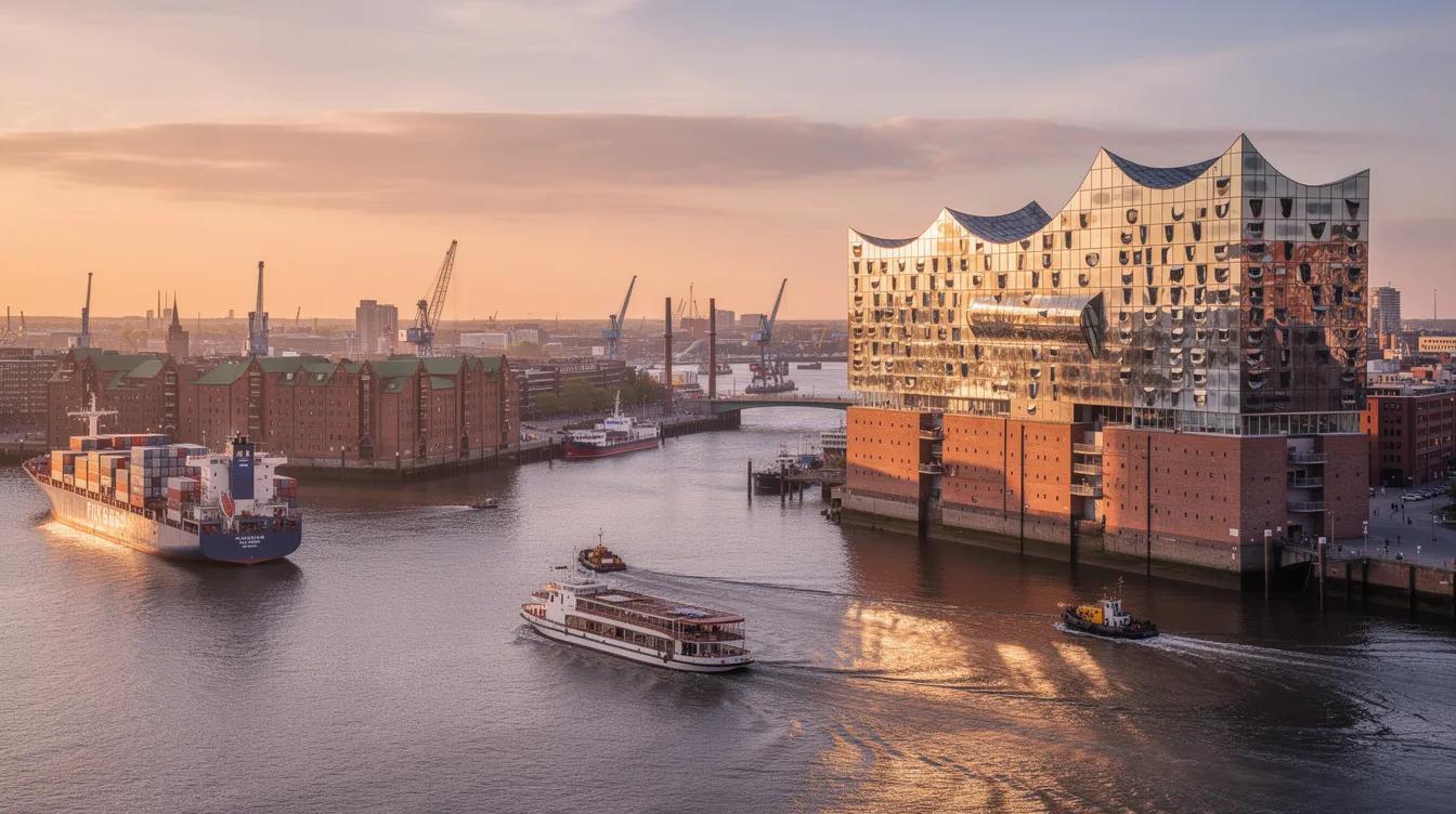Panoramablick auf den Hamburger Hafen bei Sonnenuntergang, mit der Elbphilharmonie im Vordergrund und mehreren Schiffen auf der Elbe. Diese beeindruckende Szenerie zeigt die lebendige Atmosphäre der Stadt Hamburg und könnte ein ideales Motiv für Filmaufnahmen oder Foto-Dreharbeiten sein.
