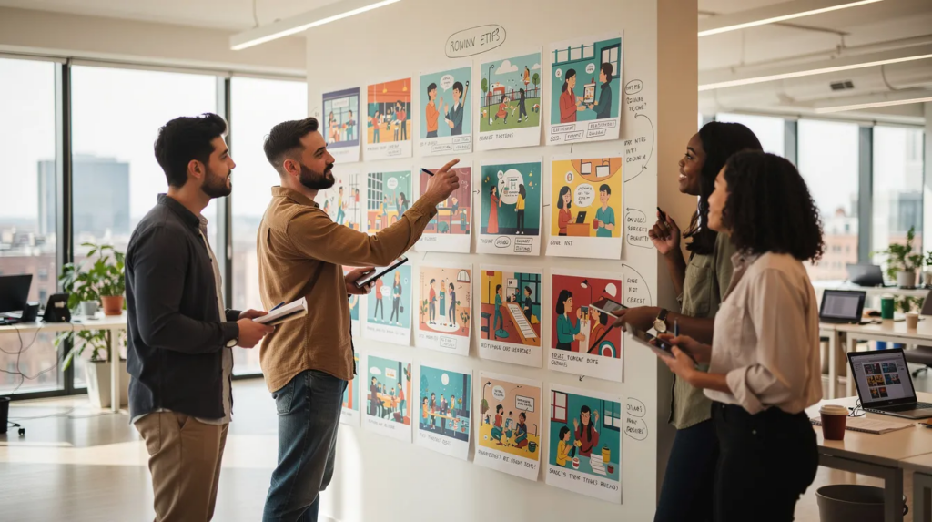 Ein kreatives Team bespricht bunte Storyboard-Panels, die an einer Wand in einem modernen Büro befestigt sind. Diese Panels zeigen verschiedene Szenen und Ideen für ein Erklärvideo, das die Botschaft und das Konzept für Kunden und Zielgruppen anschaulich vermitteln soll.
