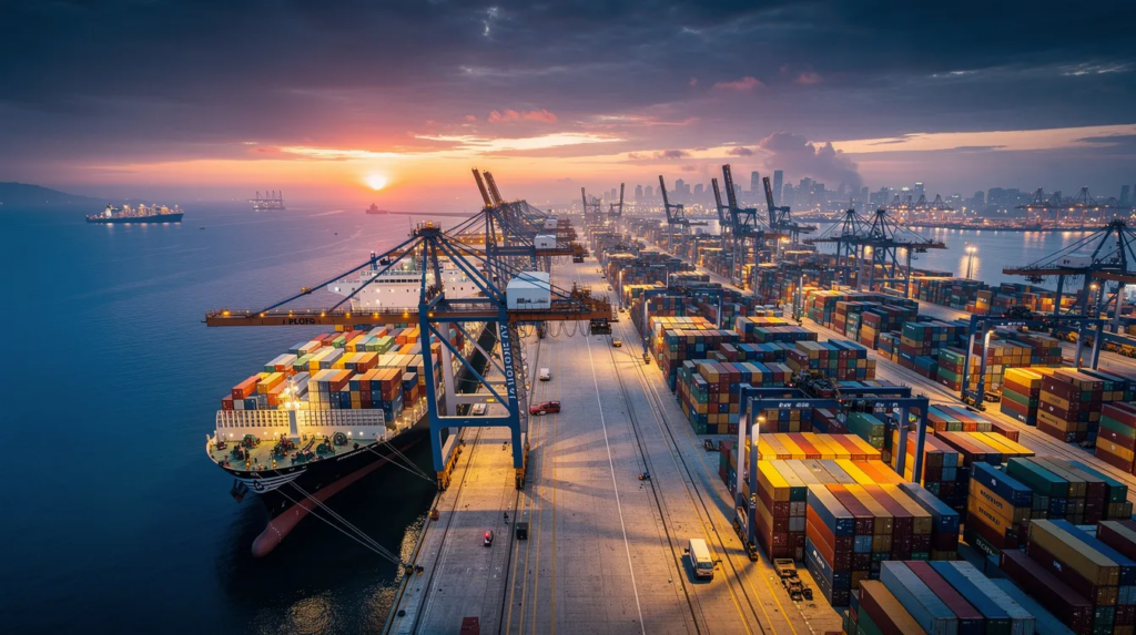 Ein moderner Containerterminal in einem Hafen, mit Kränen und Schiffen, wird aus einer erhöhten Perspektive im dramatischen Abendlicht dargestellt. Die Szene vermittelt ein Gefühl von industrieller Dynamik und ist ideal für eine 3D-Visualisierung oder Animation, die die Funktionen und Abläufe im Hafenleben zeigt.