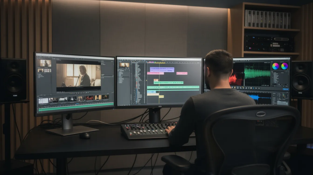 Ein Videoeditor arbeitet konzentriert an einer komplexen Timeline in einem modernen Schnittraum, umgeben von mehreren Monitoren, die verschiedene Aspekte der Videoproduktion und Postproduktion zeigen. Die Nutzung von KI-Tools und visuellen Effekten spielt eine entscheidende Rolle in diesem kreativen Prozess der Filmindustrie.
