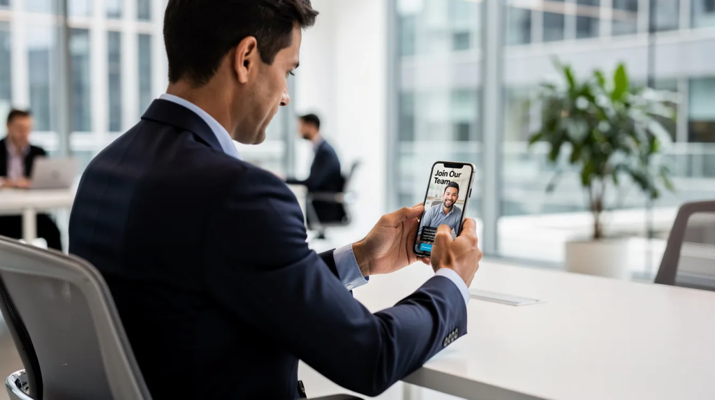 Ein Business-Profi schaut sich in einem modernen Büro eine kurze Recruiting-Videoinhalte auf seinem Smartphone an. Das Video, das für B2B-Marketing konzipiert ist, vermittelt wichtige Informationen über die Rekrutierung und die Unternehmensmarke.