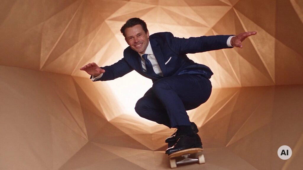Ein Mann fährt auf einem Skateboard durch einen Tunnel im KI-Video-Stil.