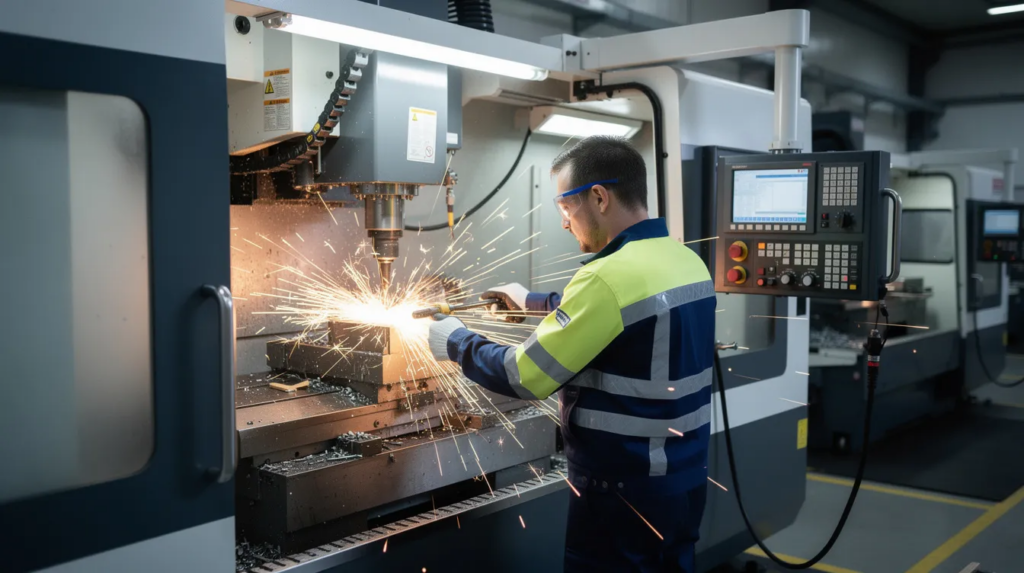 Mitarbeiter bedient CNC-Maschine in Produktionshalle, Motiv für ein B2B Reel