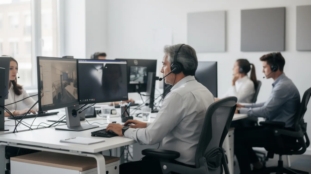 In einem modernen Büro arbeiten Mitarbeiter eines Support-Teams konzentriert an ihren Bildschirmen, um Anfragen von Kunden zu bearbeiten und Probleme zu lösen. Die Atmosphäre ist geprägt von einer Mischung aus Teamarbeit und individueller Verantwortung, während die Mitarbeiter durch verschiedene Systeme navigieren, um Produktinformationen und Fehler zu identifizieren.