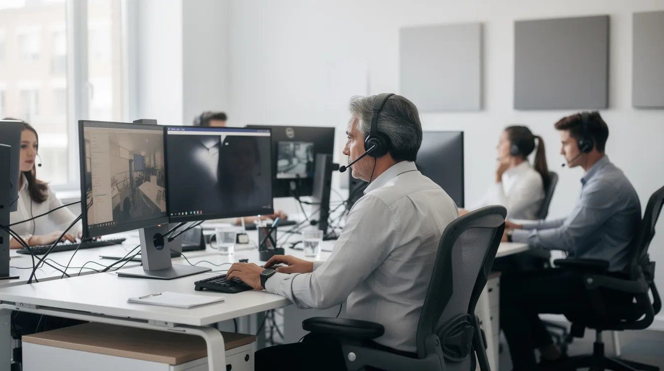 In einem modernen Büro arbeiten Mitarbeiter eines Support-Teams konzentriert an ihren Bildschirmen, um Anfragen von Kunden zu bearbeiten und Probleme zu lösen. Die Atmosphäre ist geprägt von einer Mischung aus Teamarbeit und individueller Verantwortung, während die Mitarbeiter durch verschiedene Systeme navigieren, um Produktinformationen und Fehler zu identifizieren.